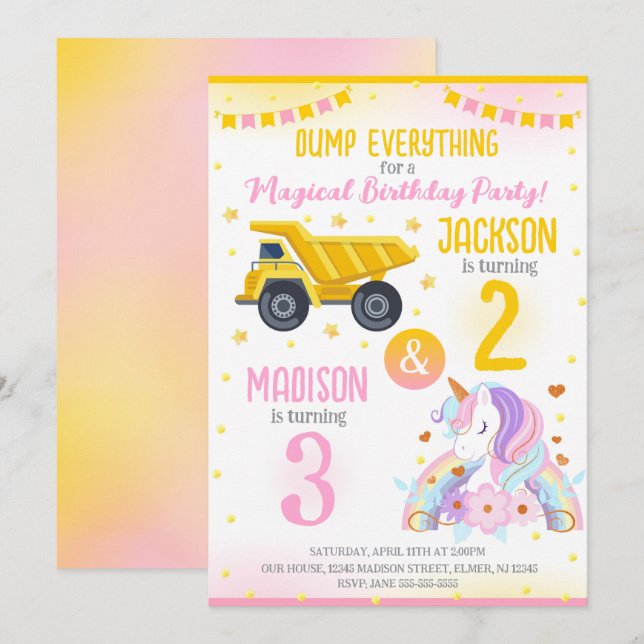Construction and Unicorn Siblings Joint Birthday Invitation (Front/Back)