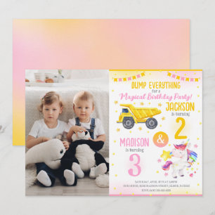 Construction and Unicorn Siblings Joint Birthday Invitation