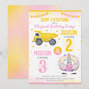 Construction and Unicorn Siblings Joint Birthday Invitation