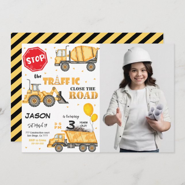 Construction Anniversaire Invitation avec photo (Devant / Derrière)