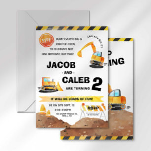 Construction Anniversaire Twin Invitation N'import