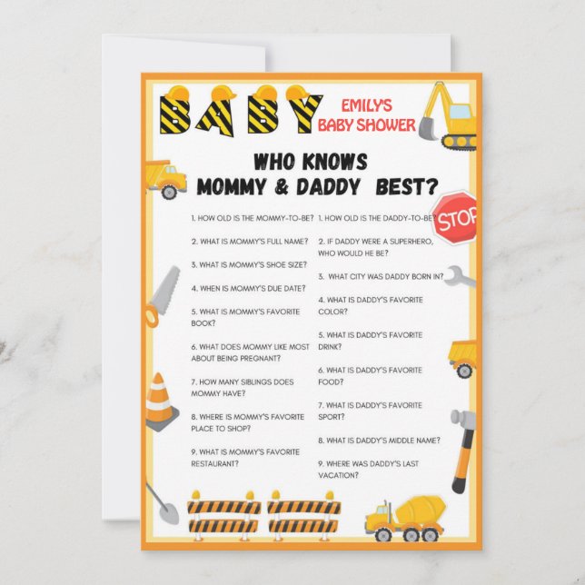 Construction Baby Shower Game - Editable Name - In Invitation (Front)
