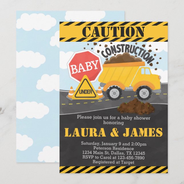 Construction Baby Shower Invitation Invite (Front/Back)