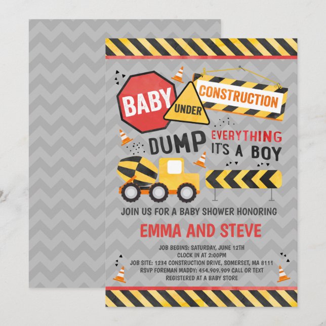 Construction Baby Shower Invitation Truck Shower (Front/Back)