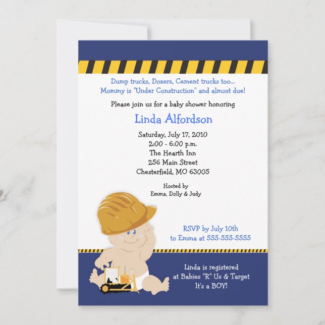 CONSTRUCTION Baby shower OUVRIER Invitation 5x7 (Devant)