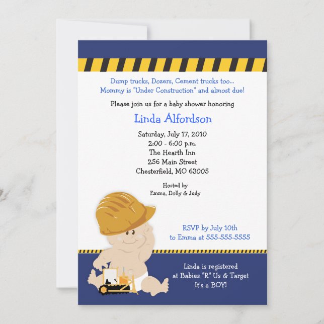 CONSTRUCTION Baby shower OUVRIER Invitation 5x7 (Devant)