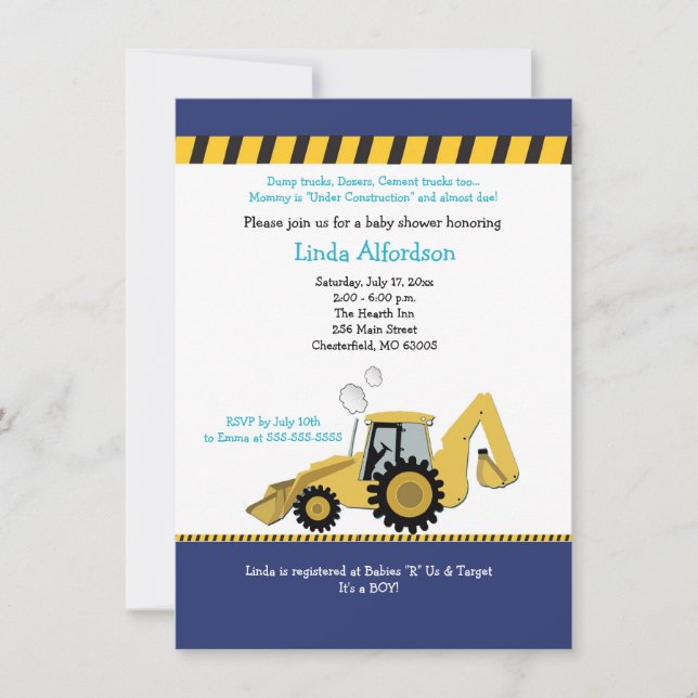 Construction Backhoe Baby Shower Invitation (Front)