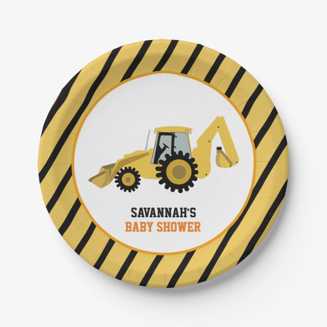 Construction Backhoe Baby Shower Paper Plate (Front)