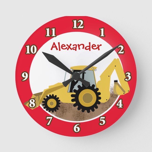 Construction Backhoe Clock (Red) Add a Name (Front)