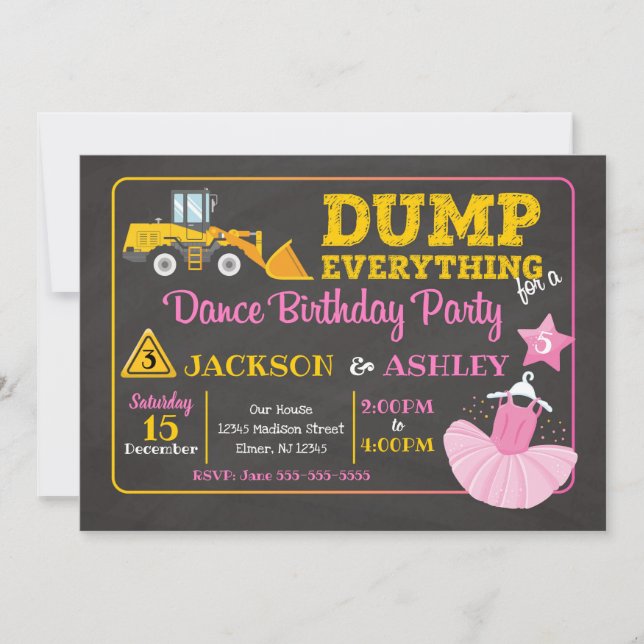 Construction & Ballerina Joint Birthday Invitation (Front)
