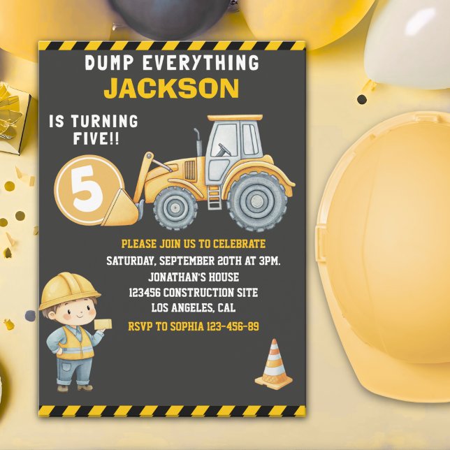 Construction Birthday 5  | Dump Truck & Excavator  Invitation (Creator Uploaded)