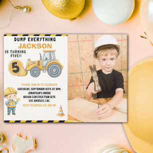 Construction Birthday 5 with Photo Dump Truck Invitation