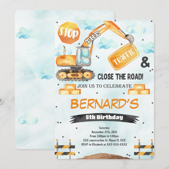 Construction Birthday Invitation (Front/Back)