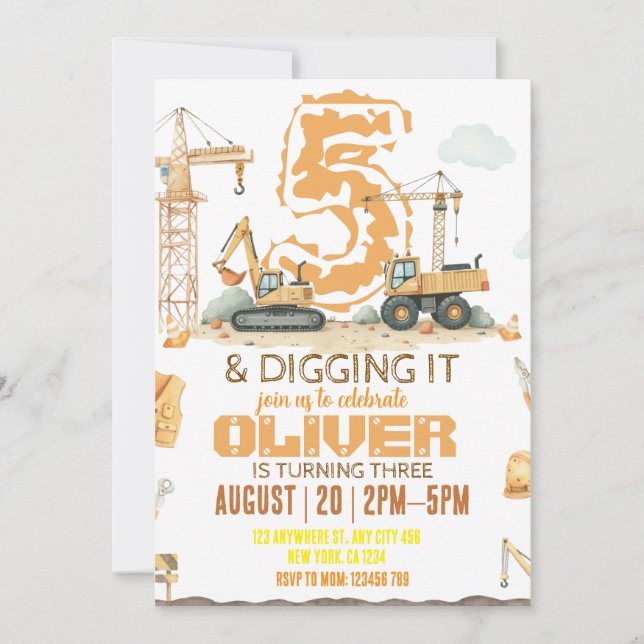 Construction Birthday Invitation | Digger Truck 3r (Front)