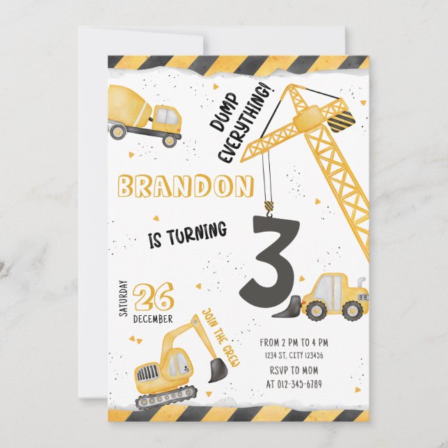 Construction Birthday Invitation Dump Truck Party (Front)