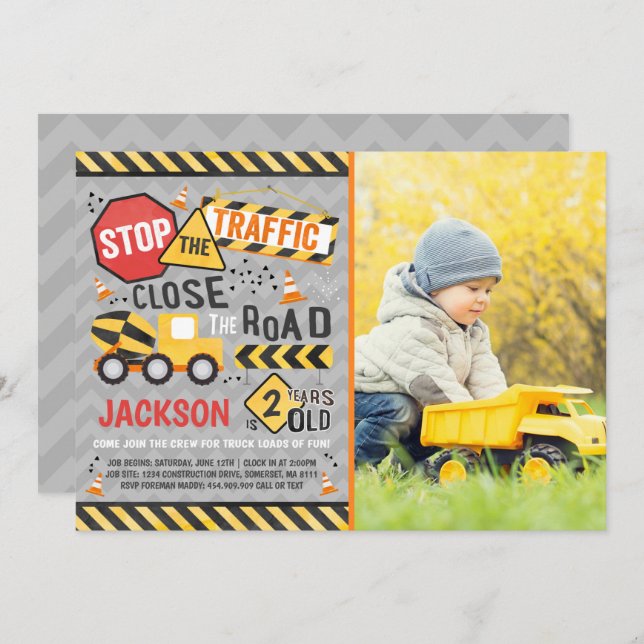 Construction Birthday Invitation Dump Truck Party (Front/Back)