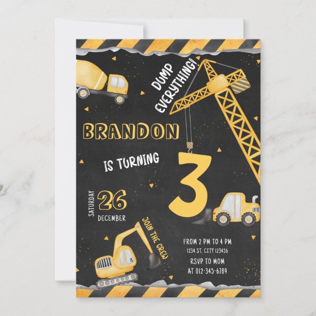 Construction Birthday Invitation Dump Truck Party (Front)
