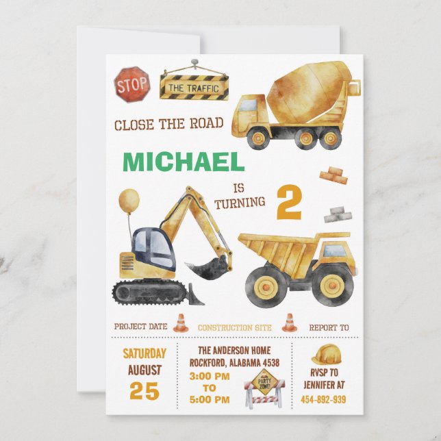 Construction Birthday Invitation For Boys (Front)