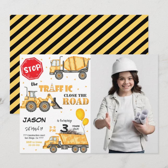 Construction Birthday Invitation with photo (Front/Back)