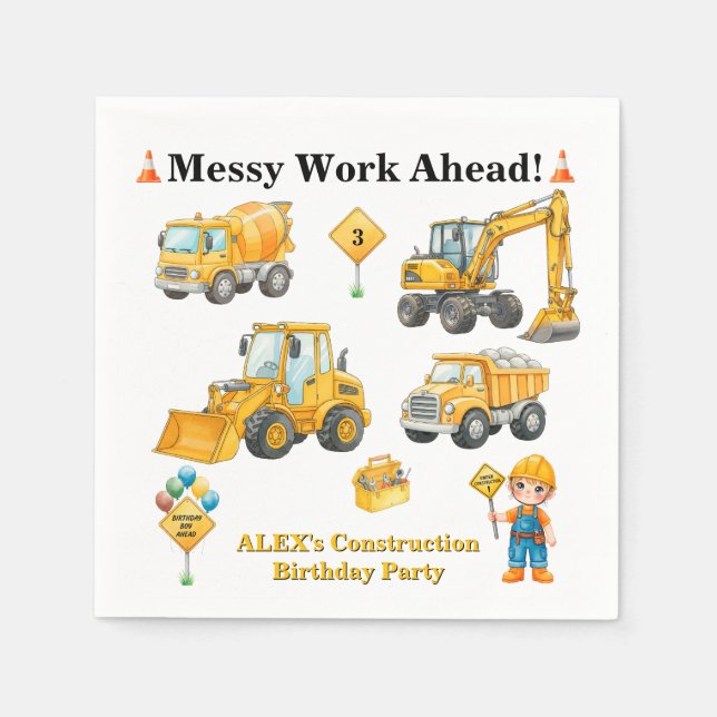 Construction Birthday Napkins | Messy Work Ahead  (Front)