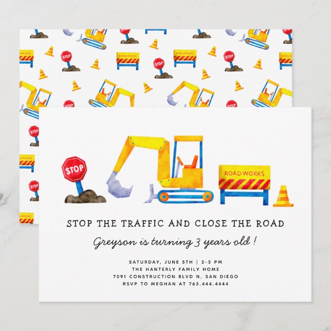 Construction Birthday Party  Invitation (Front/Back)