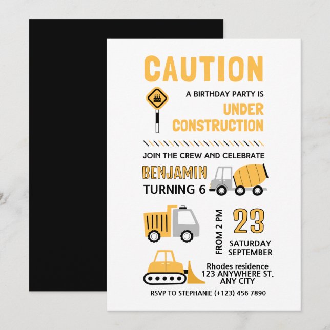 Construction Birthday party Invitation (Front/Back)