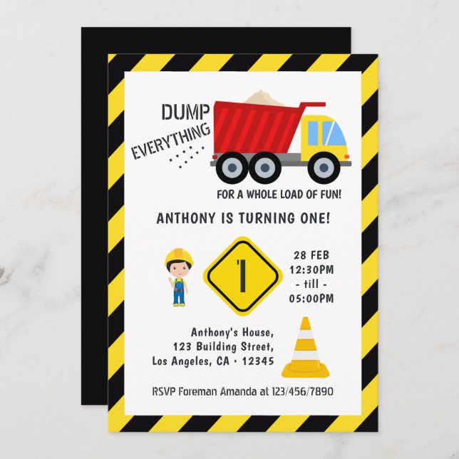 Construction  Birthday Party Invitation (Front/Back)