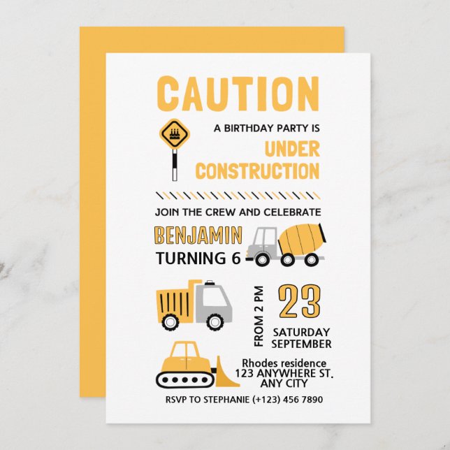 Construction Birthday party Invitation (Front/Back)