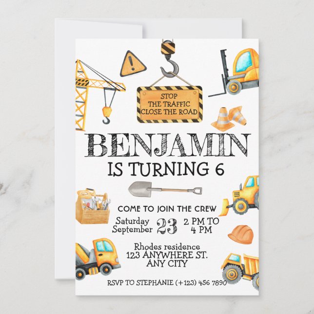 Construction Birthday party Invitation (Front)