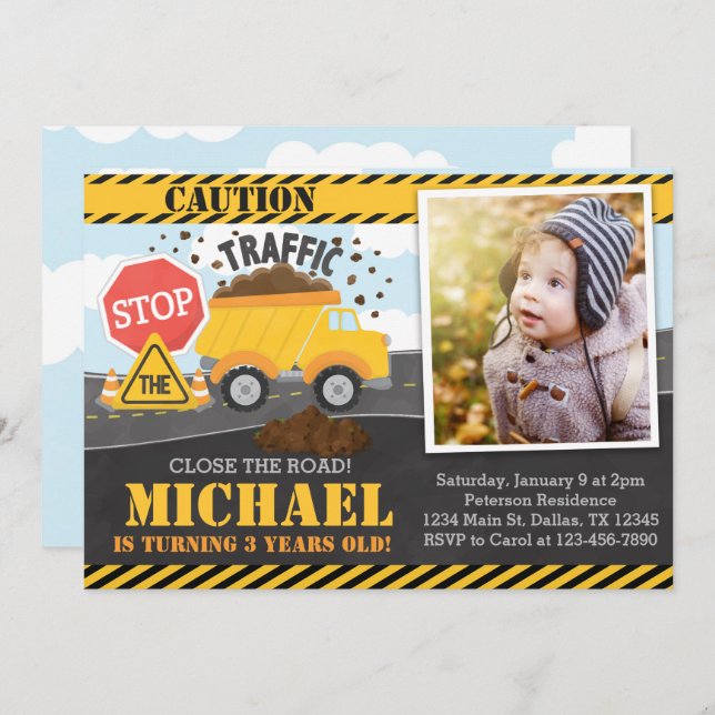 Construction Birthday Party Invitation Invite (Front/Back)