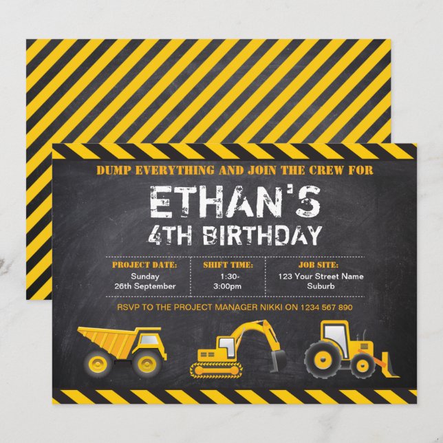 Construction Birthday Party  Invitations (Front/Back)