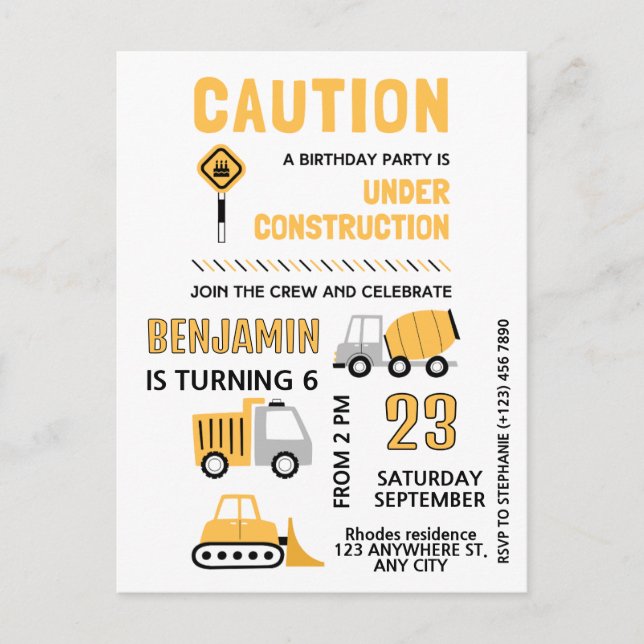 Construction Birthday party Postcard (Front)
