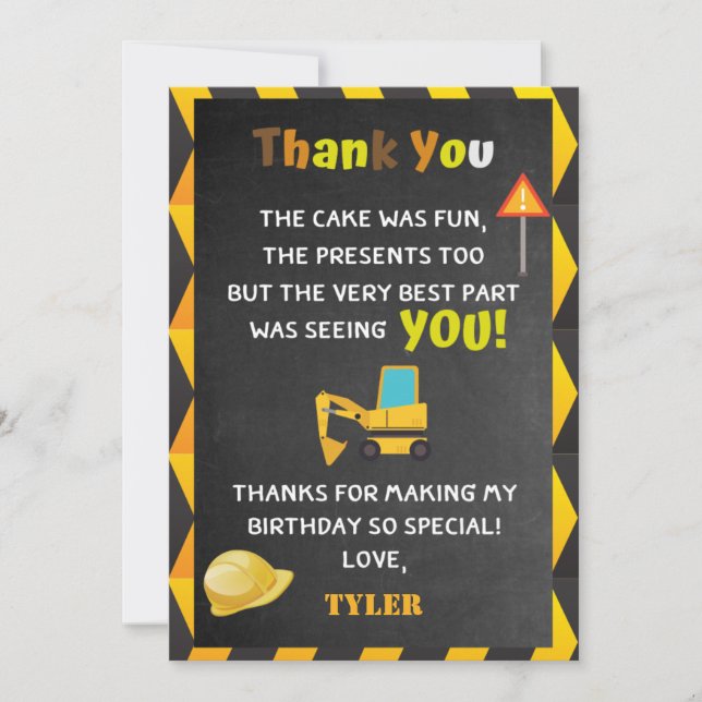 Construction Birthday Party Thank You Card (Front)