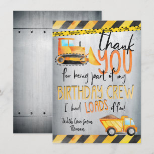 Construction Birthday Party Thank You Note Cards
