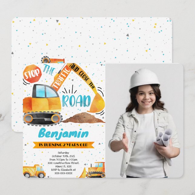 Construction Birthday Photo invitations (Front/Back)
