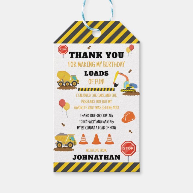 Construction Birthday Thank You Gift Tags (Front)