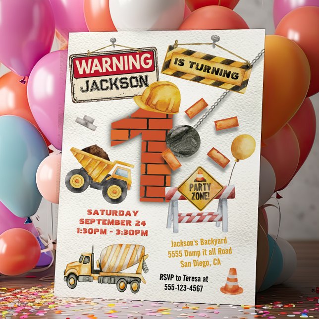 Construction Birthday Turning One Wrecking Ball Invitation (Creator Uploaded)