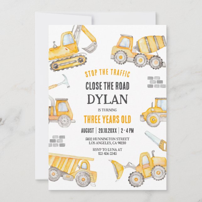 Construction Boy Birthday Invitation (Front)