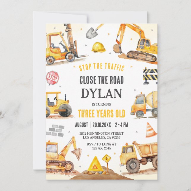 Construction Boy Birthday Invitation (Front)