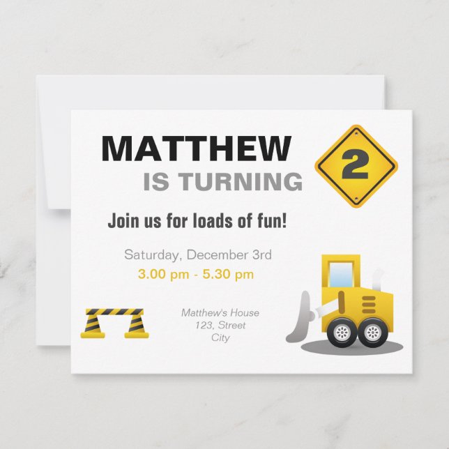 Construction Boy Birthday invitation (Front)
