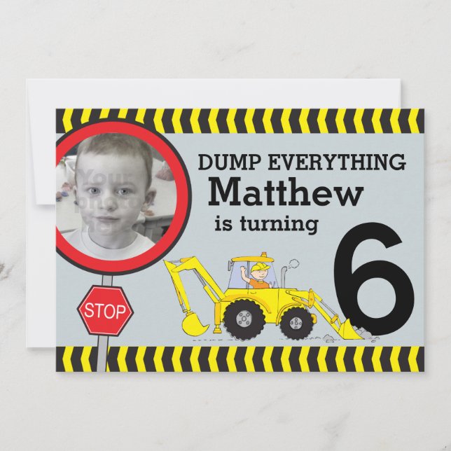 Construction boys 6th birthday party invitation (Front)