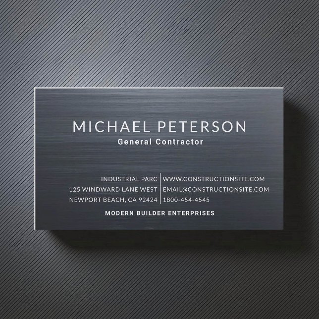 Construction Builder Developer Brushed Steel Blue Business Card (construction company builder remodeling business card brushed dark blue steel simple minimalist)