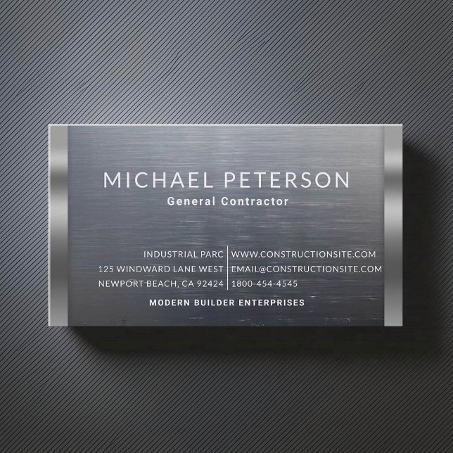 Construction Builder Developer Modern Dark Steel Business Card (construction company builder remodeling business card brushed steel simple minimalist modern classy)
