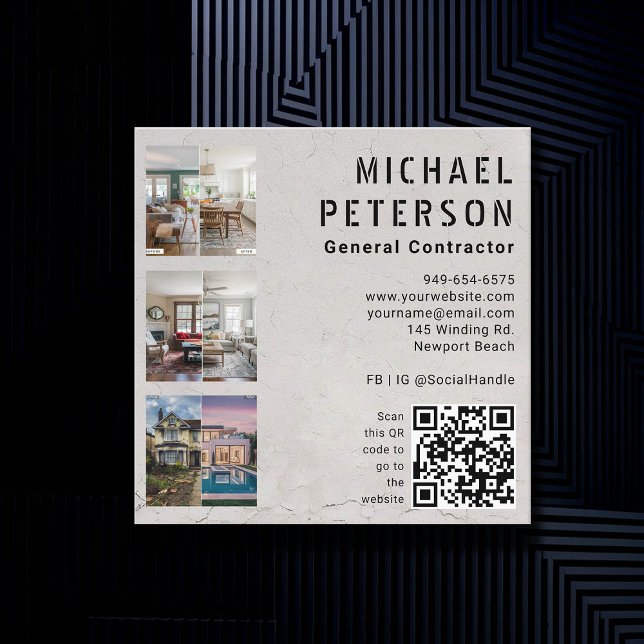 Construction Builder Developer QR Code 3 Photos Square Business Card (construction company builder remodeling QR 3 photos business card stucco simple minimalist modern)