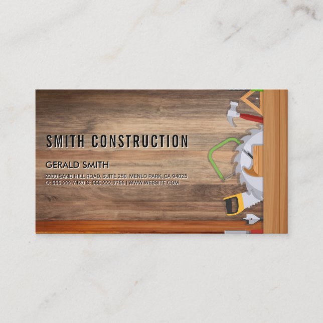 Construction Builder Tools | wood Table Business Card (Front)
