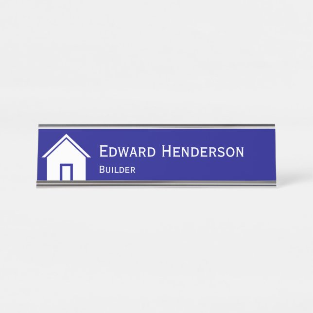 Construction/Builder's Custom Navy Blue and White Desk Name Plate (Front)