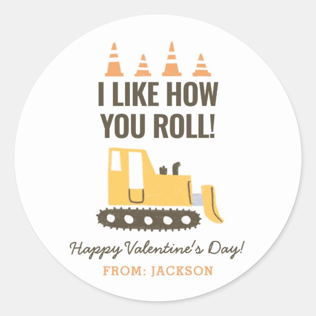 Construction Bulldozer Kids Classroom Valentine Classic Round Sticker (Front)