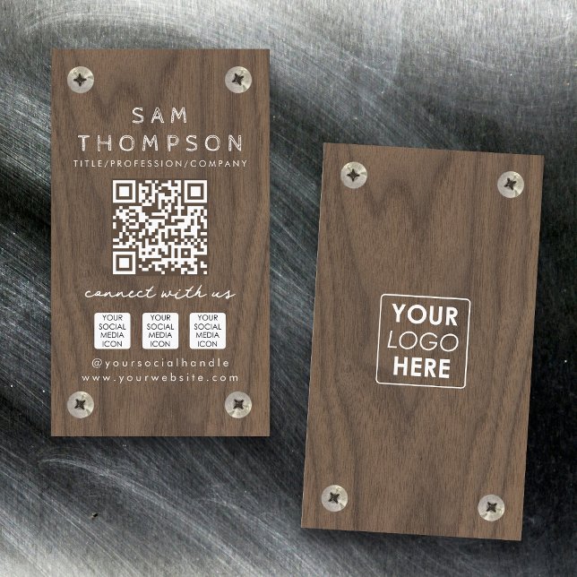 Construction Carpenter Wood Logo QR Code Social  Business Card (Construction Carpenter Wood Logo QR Code Social Business Card)