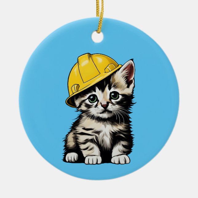 Construction Cat Ceramic Ornament (Front)