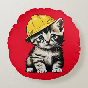 Construction Cat Round Pillow